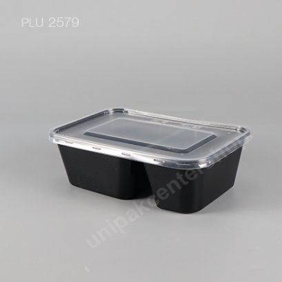 กล่องอาหาร 2 ช่อง PP ดำ 640 ml + ฝาใส PP