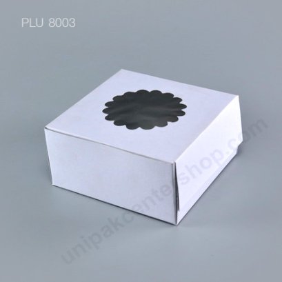 กล่องเค้ก กระดาษ 15x15x7.5cm สีขาว + เจาะหน้าต่าง (0.5 ปอนด์)