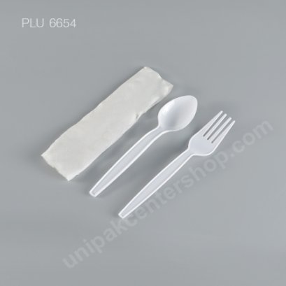 ช้อน,ส้อมขาว 6" + ทิชชู (แพ็คใส่ซอง)