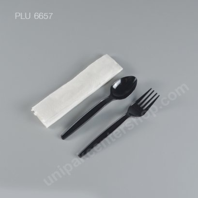 ช้อน,ส้อมดำ 6 " + ทิชชู (แพ็คใส่ซอง)