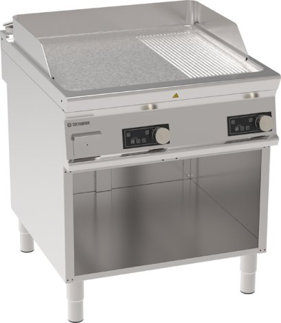 Freestanding Electric Griddle With 1/3 Ribbed Plate On Open Cabinet, Electric Control