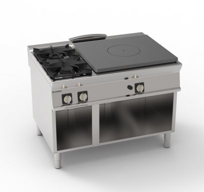 Gas Solid Top and 2 Burners With Cast Iron Grids Freestanding On Open Cabinet