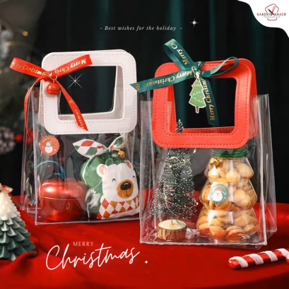 ถุงกระเป๋า พลาสติกใส หูหิ้วหนังสีแดง 1 ใบ