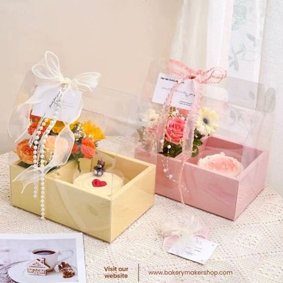 กล่องพลาสติกใส หูหิ้ว ฐานสีแดง,เหลือง,ชมพู 1 ใบ