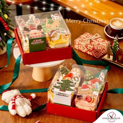 กล่องสีแดง 4 ช่องหูหิ้ว 5ใบ+สติกเกอร์คริสต์มาส