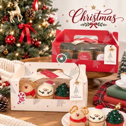 กล่องคัพเค้ก 3 หลุม พิมพ์ลายคริสต์มาส Christmas 5 ใบ
