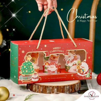 กล่องคัพเค้กลายคริสต์มาส Christmas 3 ช่อง (5ใบ)