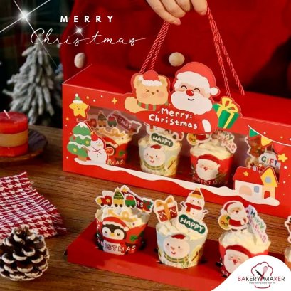 กล่องคัพเค้กลายแซนต้าคริสต์มาส  4 หลุม Christmas 5 ใบ