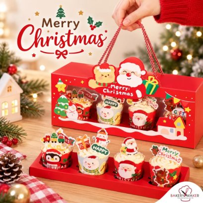 กล่องคัพเค้กลายแซนต้าคริสต์มาส  4 หลุม Christmas 5 ใบ