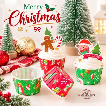 ถ้วยคัพเค้ก Christmas สีเขียว/แดง คละสี 50 ใบ