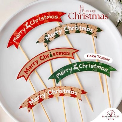 ป้ายเสียบตกแต่งเค้ก Merry Christmas คละลาย 5 อัน