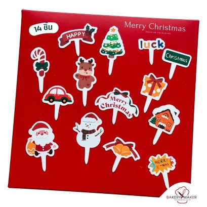 ป้ายกระดาษเสียบตกแต่งเค้กคริสต์มาส Christmas 14 ชิ้น