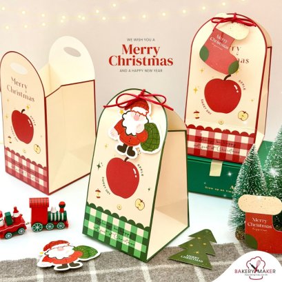 ถุงกระดาษหูหิ้วลายแอ๊ปเปิ้ลลายสก็อตเขียว/แดง 6 ใบ