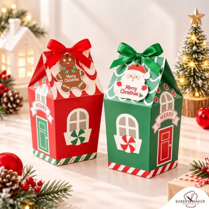 กล่องทรงบ้าน Merry เขียว-แดง 5 ใบ พร้อมโบว์