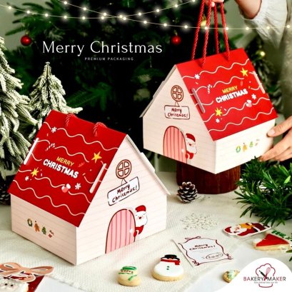 กล่องเค้ก/ขนม ทรงบ้านคริสต์มาส Christmas หูหิ้ว 1 ใบ