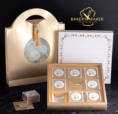 แพ็คเกจกล่อง ถุงหิ้วขนมไหว้พระจันทร์ สีทอง 1 ชุด