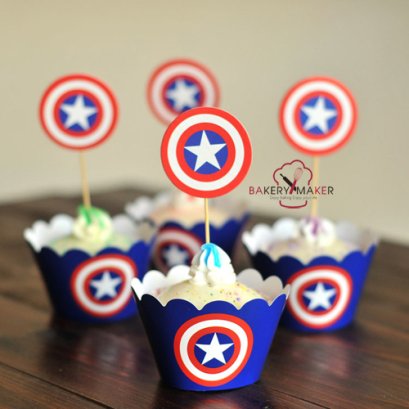 Captain America เซ็ทกระโปรงคัพเค้ก + ป้ายปัก 12 ชุด