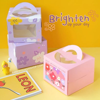 กล่องเค้ก 1/4-1/2 ปอนด์ หูหิ้ว ลายดอกไม้ สีม่วง , สีชมพู