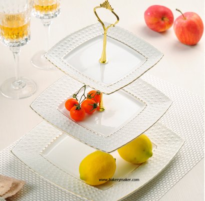 ชั้นวางเค้ก เซรามิคสี่เหลี่ยมขอบทอง 3 ชั้น