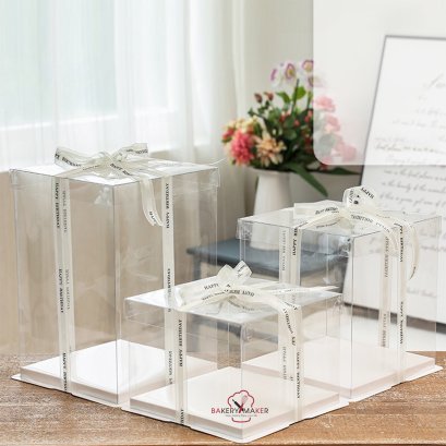 กล่องเค้กใส PVC ขนาด 1/2 ปอนด์ ฐานขาว ไม่รวมโบว์ 1 ใบ