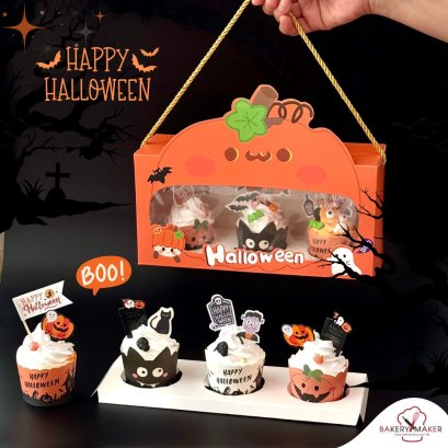 กล่องคัพเค้ก 3 หลุมลายฟักทองฮาโลวีน Halloween 5 ใบ