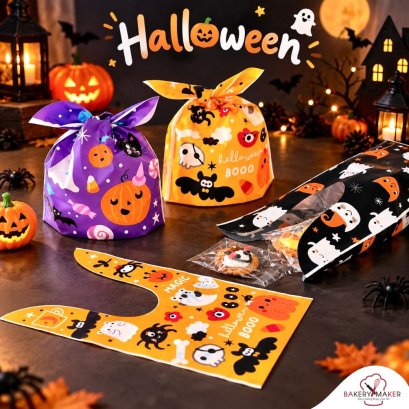 ถุงพลาสติกหูโบว์คละ 3 ลาย Halloween 20 ใบ