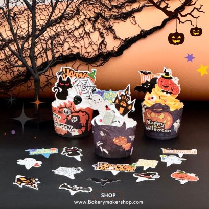 ป้ายกระดาษปักเค้ก/คัพเค้ก คละลาย Halloween 13 ชิ้น