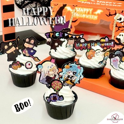 ป้ายปักคัพเค้กกระดาษคละลายการ์ตูนฮาโลวีน Halloween 17 ชิ้น