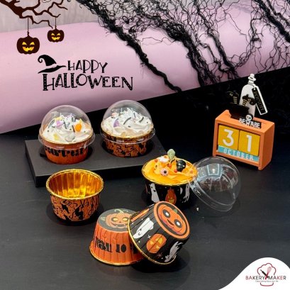 ถ้วยคัพเค้ก Halloween เคลือบทองคละลายพร้อมฝาโดม 50 ใบ