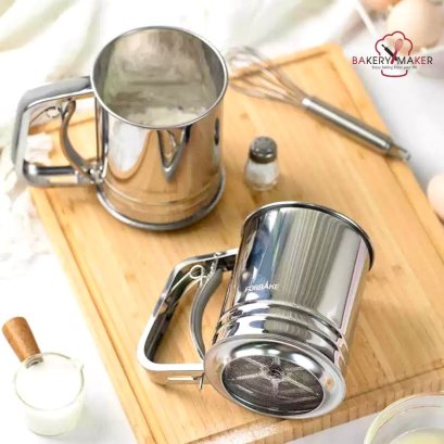 ถ้วยร่อนแป้งสแตนเลส แบบบีบ ตะแกรง 2 ชั้น