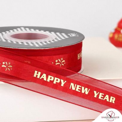 ริบบิ้นผ้าแก้วสีแดง Happy New Year 22 เมตร