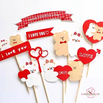 ป้ายปักเค้ก/คัพเค้ก Valentine Bear Love 9 ชิ้น