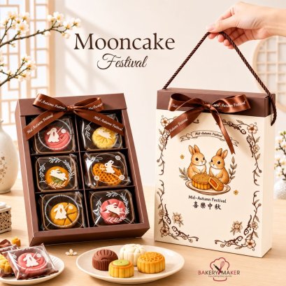 กลองขนมไหว้พระจันทร์ 6 ช่องลายกระต่ายหูหิ้วพร้อมโบว์ 5 ใบ