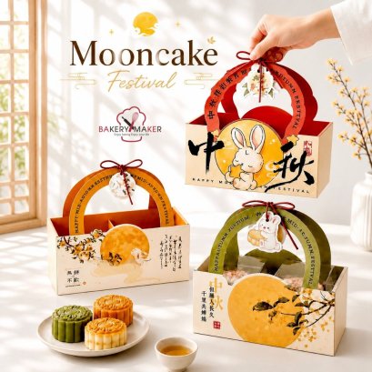 กล่องขนมไหว้พระจันทร์ 4 ลูก หูหิ้ว Moon Cake พร้อมป้ายห้อย (5 ใบ)