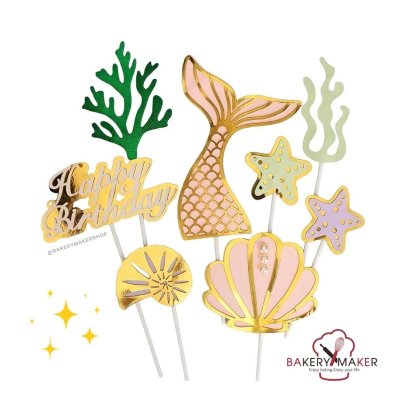 ป้าย HBD เซ็ทนางเงือก ชมพู-ทอง 8 ชิ้น