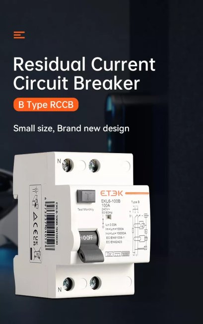 อุปกรณ์ป้องกันไฟดูด ไฟรั่ว RCCB Type B 30mA ยี่ห้อ ETEK รุ่น 2P 40A สำหรับเครื่องชาร์จ EV และระบบโซล่าเซลล์