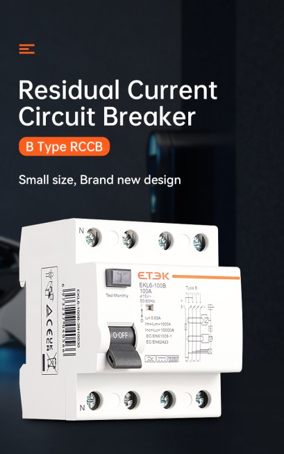 อุปกรณ์ป้องกันไฟดูด ไฟรั่ว RCCB Type B 30mA ยี่ห้อ ETEK รุ่น 4P 40A สำหรับเครื่องชาร์จ EV และระบบโซล่าเซลล์