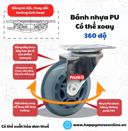 Bánh xe đẩy PU trong càng xoay 75mm tải trọng 60 kg - Pareo