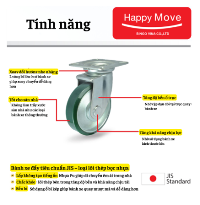Bánh xe PU xanh Nhật Bản càng xoay- Pareo