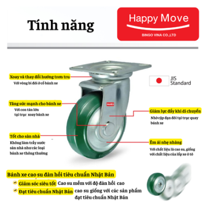 Bánh xe cao su xanh càng xoay Nhật Bản - Pareo