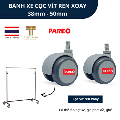 Bánh xe đôi cho đồ nội thất, bánh xe cho ghế văn phòng, cọc vít ren xoay đường kính 38 và 50mm, nắp bánh xe không thể tháo rời, thương hiệu PAREO