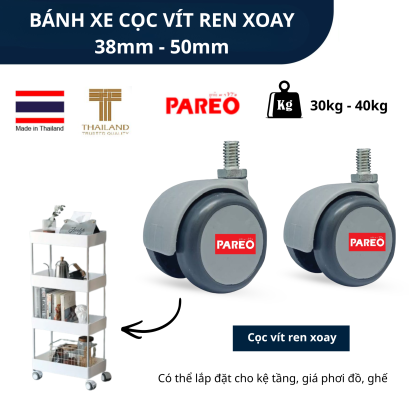 Bánh xe đôi cho đồ nội thất, bánh xe cho ghế văn phòng, cọc vít ren xoay đường kính 38 và 50mm, nắp bánh xe không thể tháo rời, thương hiệu PAREO