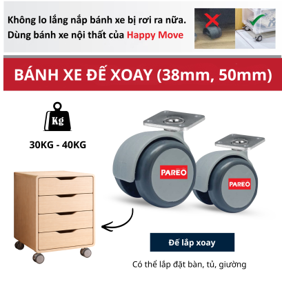 Bánh xe nội thất, bánh xe ghế đế xoay văn phòng, Bánh xe ghế xoay, đế xoay màu xám, nắp bánh xe không thể tháo rời, thương hiệu Pareo