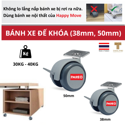 Bánh xe đôi cho đồ nội thất, bánh xe tủ bàn, kích thước 38 và 50mm, có đế phanh và nắp bánh xe không thể tháo rời, thương hiệu PAREO