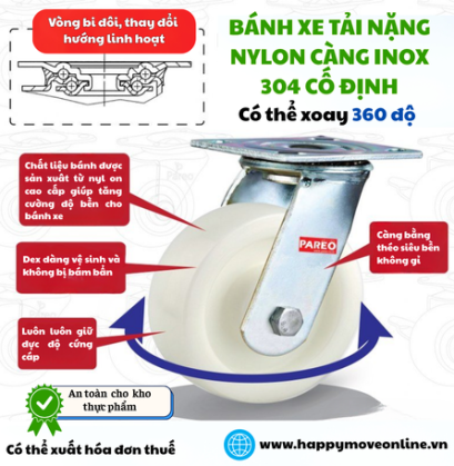 BÁNH XE TẢI NẶNG NYLON CÀNG INOX 304 XOAY, BÁNH XE CHO NHÀ MÁY THỰC PHẨM, DƯỢC PHẨM,... - PAREO