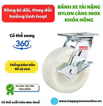 BÁNH XE TẢI NẶNG NYLON CÀNG INOX 304 XOAY CÓ KHÓA, BÁNH XE CHO NHÀ MÁY THỰC PHẨM, DƯỢC PHẨM,... - PAREO