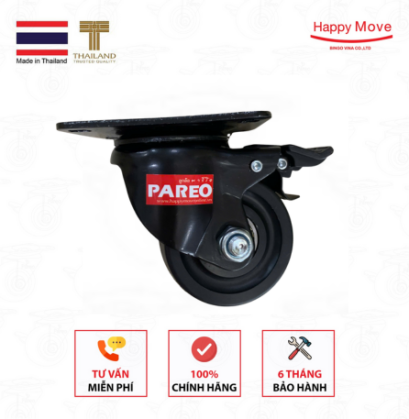 Bánh xe Nylon đen càng xoay khóa 75mm - PAREO