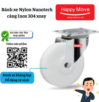 Bánh xe Nylon Nanotech càng Inox 304 xoay, bánh xe cho nhà máy thực phẩm, dược phẩm,... - Pareo