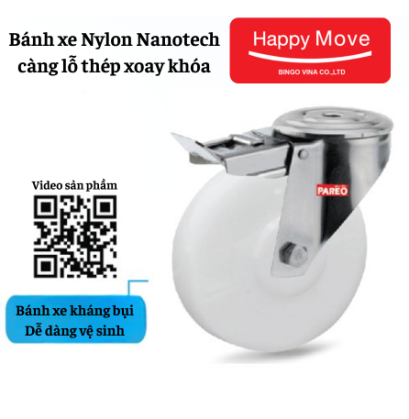 Bánh xe Nylon Nanotech càng lỗ inox có khóa, bánh xe càng inox, bánh xe cho kho lạnh, nhà máy thực phẩm,.. - Pareo