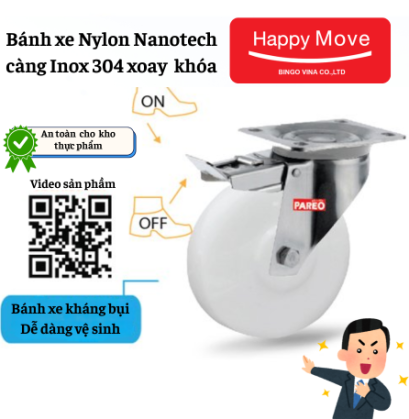 Bánh xe Nylon Nanotech càng inox xoay có khóa, bánh xe càng inox, bánh xe cho kho lạnh, nhà máy thực phẩm,.. - Pareo